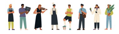 Farklı mesleki meslekleri ve hobileri olan insanlar. Kuaför, dişçi, kemancı, aşçı, aşçı, futbolcu, postacı, laboratuar çalışanı, çiçekçi vektör çizimi