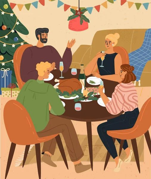 クリスマスと新年のベクターイラストを祝うホームダイニングテーブルでお祝いの夕食を持つ幸せな家族のキャラクター 子供たちが一緒に食べたり飲んだり話したり ロイヤリティフリーのストックイラスト