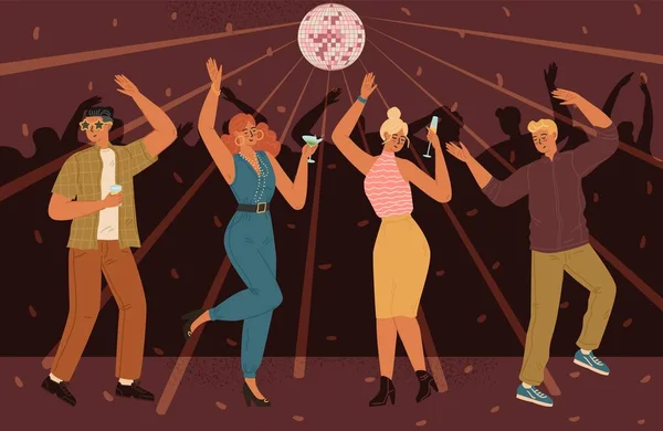 Gruppe Lykkelige Mennesker Som Danser Diskoteker Nattklubben Stroboskopbelysningslampescenen Menn Kvinner – stockvektor