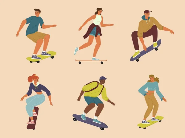 Isolert Sett Med Forskjellige Tenåringsgutt Jente Skateboarding Lykkelige Aktive Tenåringsfigurer – stockvektor