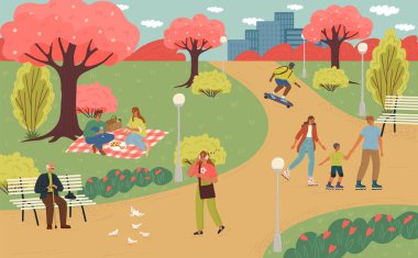 Spring City park vektör illüstrasyonunda yürüyen bir sürü insan. Romantik çift piknik yapıyor, mutlu aile paten kayıyor, kaykay yapıyor, büyükbaba bankta dinleniyor, kadın müziği dinliyor.