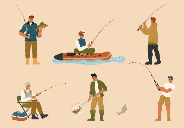 膨脹可能なボートか川の銀行から魚を捕まえる回転棒が付いている漁師の特徴の隔離されたセット シニア 若い大人の漁師 楽しむ 屋外趣味 男性の週末アクティビティ ベクターイラスト ロイヤリティフリーストックベクター