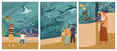 Oceanarium reklam kartları mutlu ziyaretçilere ayarlandı. Sevgili çift randevuya çıkıyor, anne ve çocuk akvaryumu ziyaret ediyor su altı dünyasını farklı deniz canlıları vektör çizimleriyle izliyorlar.