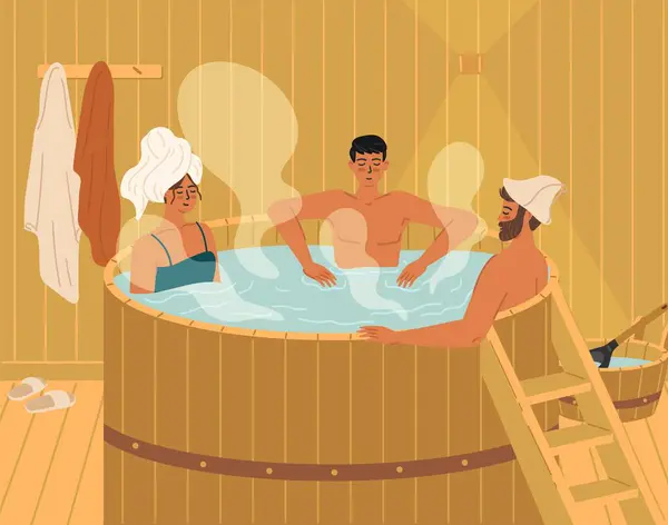 Young positive people taking bath thermal procedure at sauna scene. Relaxed group of friends in wooden pool enjoying recreation leisure and nice communication vector illustration
