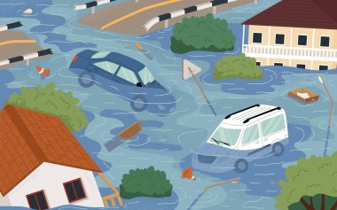 Su basmış cadde düz vektör çiziminde yüzen taşıma ile hasar görmüş şehir manzarası. Tsunami ve yağmur fırtınası doğal afet sonuçları