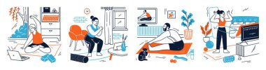 İnsanların online karakterleri, dizüstü bilgisayar vektör illüstrasyon sahnesindeki video ile izole edilmiş. Fitness egzersizleri, yoga antrenmanları, spor salonunda esneme egzersizleri.