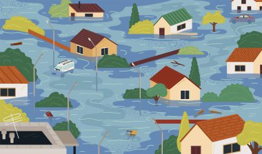 Feci sel doğal afet sahnesi. Şiddetli yağış vektör illüstrasyonundan sonra şehir caddesinde sular altında kalmış binalar ve arabalar. İklim değişikliği ve tehlikeli durum