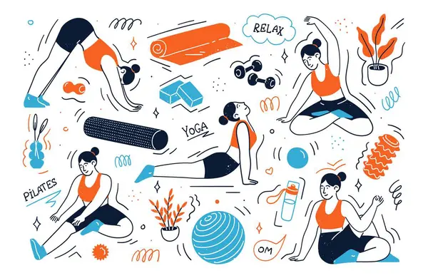 Unge Kvinnelige Karakter Sett Kvinnelig Idrettsutøver Nyter Avslappende Trening Yoga – stockvektor