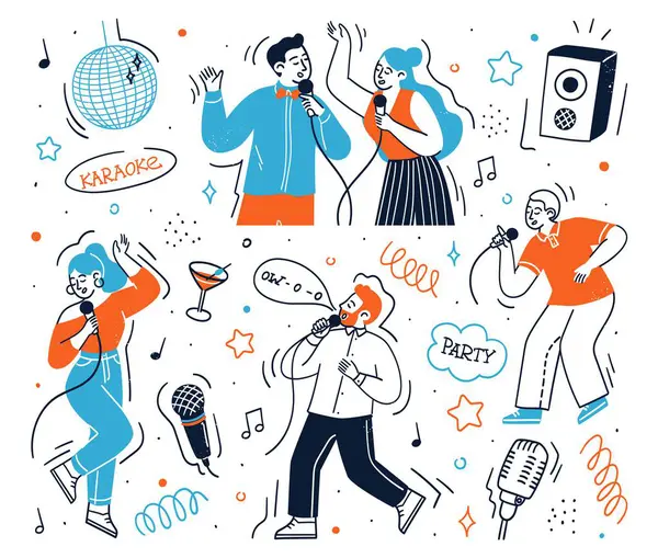 Glad Folk Karakterer Nyter Karaoke Fest Dansing Lytte Til Musikk – stockvektor