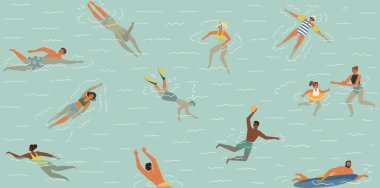 Çeşitli çizgi film karakterleri suda yüzer, şnorkelle yüzer ve güneşlenir. Mayo giyen erkek ve kadın yüzücüler yazın açık hava aktiviteleri vektör illüstrasyonunun keyfini çıkarıyorlar