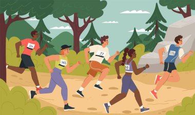 Çeşitli çok kültürlü insan grupları maraton yarış vektör illüstrasyonunda yer aldı. Genç sağlıklı erkek ve kadın sprinter atlet ormanda koşuyor.