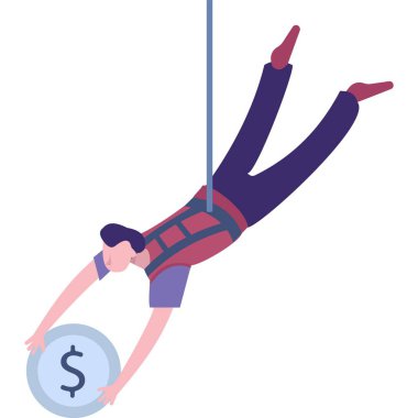 Vektör adam, ipte dengede duruyor. Elinde dolar para simgesi var. Banka, bütçe ve finans kavramı