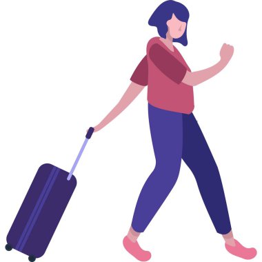 Bagaj çantası ikonu taşıyan kadın vektör. Beyaz arka planda izole edilmiş sırt çantalı bir kadın.