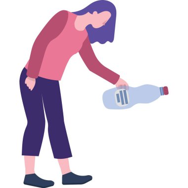 Atık geri dönüşüm simgesi. Kadın gönüllü plastik çöp taşıyıcısı topluyor. Çöp yeniden kullanımı, yönetim ve sıralama kavramı