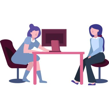 İş görüşmesi vektöründeki kadın. İkonun kiralanması. İnsan kaynakları müdürü ve aday masasında oturup beyaz arka planda izole bir şekilde konuşuyorlar.