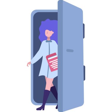 Kadın aday açık kapı ofis vektör simgesine giriyor. Kariyer, iş görüşmesi ve istihdam kavramı. Sorgulama için CV özgeçmişi olan bir kadın beyaz arka planda izole edilmiş olarak geliyor.