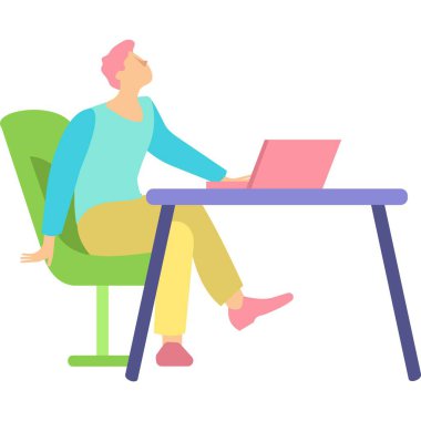 Ofis masa ikonunda dizüstü bilgisayarı olan bir adam. Adam beyaz arka planda izole bir şekilde evden bilgisayarla çalışıyor.