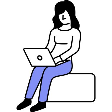 Dizüstü bilgisayar ikonu üzerinde çalışan vektör kadın web tasarımcısı. Beyaz arkaplanda izole edilmiş web sitesi ya da uygulama arayüzü oluşturan kız