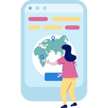 Gezici uygulama vektörü kullanan bir kadın. Çevrimiçi seyahat ikonu. Seyrüsefer uygulamasında gezi bilgilerini arayan kadın turist karakteri