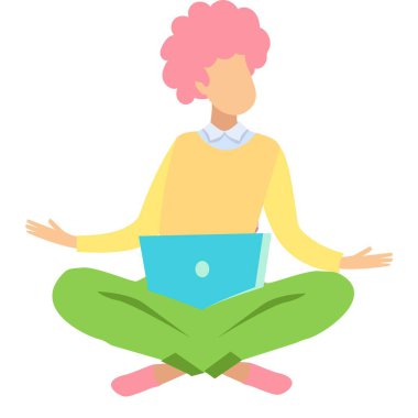 Dizüstü bilgisayar vektör simgesi kullanan heyecanlı bir kadın. Şaşırmış kadın serbest ya da dijital cihaz kullanıcısı bacak bacak üstüne atmış ve beyaz arka planda izole edilmiş başarıyı kutluyor.