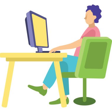 Adam online vektör ikonuna danışmanlık yapıyor. Bilgisayarın önünde oturan adam beyaz arka planda izole edilmiş. Uzaktan destek, sanal video danışma, röportaj oturumu, toplantı