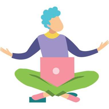 Dizüstü bilgisayar ikonu üzerinde çalışan vektör beyin fırtınası yapan adam. Yaratıcı düşünce, iş için yenilikçi fikirler