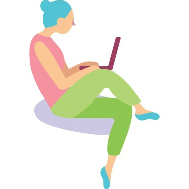 Ev ikonundan dizüstü bilgisayarda çalışan ya da çalışan bir kadın. İnsanlar uzaktan eğitim ya da internet işi yapıyor. Kız dijital iletişimi ve kazancı seviyor