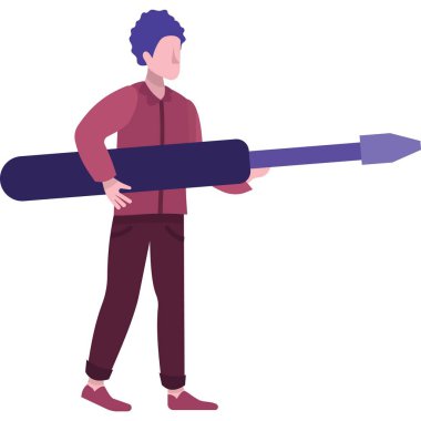 Tornavida taşıyan bir tamirci. Teknik servis ve destek ikonu. Beyaz zemin üzerinde duran elektrikçi, tamirci ya da bilgisayar ustası