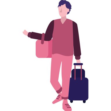 Bagajı olan bir turist. Tatil ikonu olan insanlar. Yolculuk ve erkek karakter çantası.