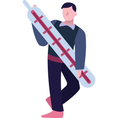 Vektör adam ısı ikonunu ölçmek için termometreyi tutuyor. Ateş, soğuk, grip konsepti