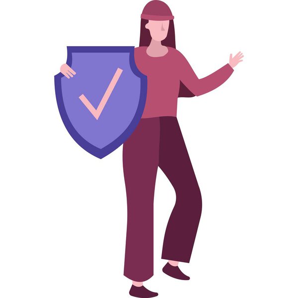 Woman holding shield vector. Protection and secure icon. Safe work online and protect from risk. Privacy defense on internet, defend information