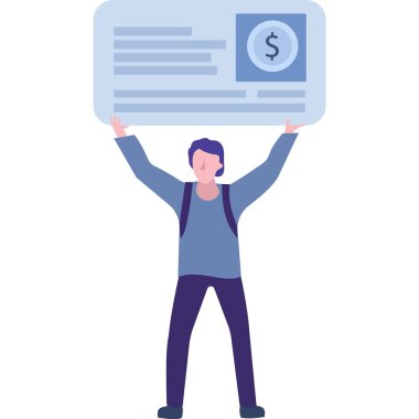 İş stratejisi ikonu. Vektör adamın elinde finans analizleri var. İşadamı mali başarı ve şirket büyümesi üzerine çalışıyor