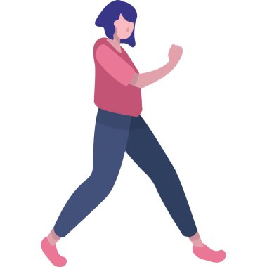 Vektör kadın yürüyor. Yürüyüş ikonu olan insanlar. Kız karakter, kadın kişi, öğrenci figürü. Beyaz arka planda ilerleyen iş kadını, çalışan veya sekreter