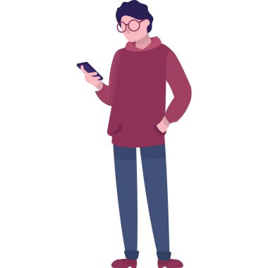 Telefon ikonu kullanan bir adam. Vektör insanlar ve akıllı telefon. Cep telefonu kullanan erkek karakter. Cep telefonlu inek öğrenci sosyal medyada sohbet ediyor, internette mesajlaşıyor ya da beyaz arka planda izole edilmiş internette geziniyor.