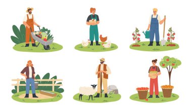 Various characters engage in essential farm activities such as harvesting crops, tending to animals, and planting seeds, creating a lively atmosphere in a rural setting.