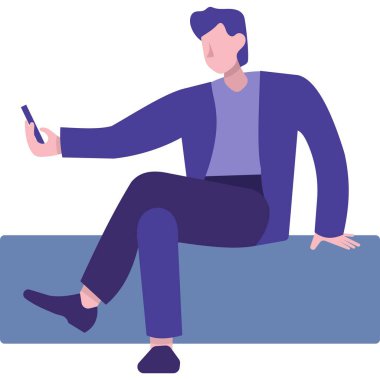 Eşi simge kullanıyor. İş adamı sosyal ağ iletişimi için ücretsiz internet bağlantısı kullanıyor. Beyaz arkaplanda dijital aygıtla oturan erkek karakter