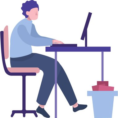 Ofis işi ikonu. Bilgisayarlı vektör. Ev işyerinde. Daire çalışanı, çalışanı ve internet işi. Monitöre bakan bir işadamı beyaz arka planda izole bir masada oturuyor.