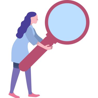 İş görüşü ikonu. Beyaz arka planda büyüteçle izole edilmiş vektör kadın. Başarı ve fırsat, kariyer gelişimi, ilerleme ve meydan okuma