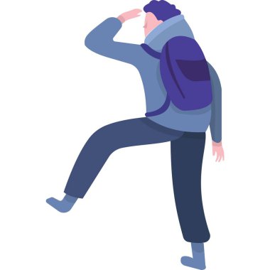 Sırt çantası taşıyıcısı olan adam. İnsanlar turist ikonu. Beyaz arka planda izole edilmiş çantalı yürüyüşçü karakteri. Yürüyüş ve yürüyüş konsepti