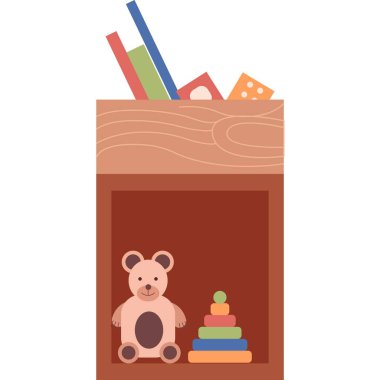 Çocuk oyuncaklarıyla dolu dolap vektör çocuk yatak odası iç simgesi beyaz arka planda izole edilmiş