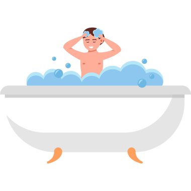 Banyo vektöründe yıkanan çocuk beyaz arka planda izole edilmiş banyo küveti simgesinde noy