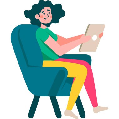 Beyaz arkaplanda izole edilmiş koltuk vektörü simgesinde dinlenirken mobil tablet kullanan kadın