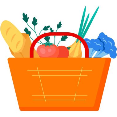 Market alışveriş sepeti vektör simgesi. Sağlıklı pazar alışverişi, doğal gıda organik sebze ve ekmek siparişi illüstrasyonu