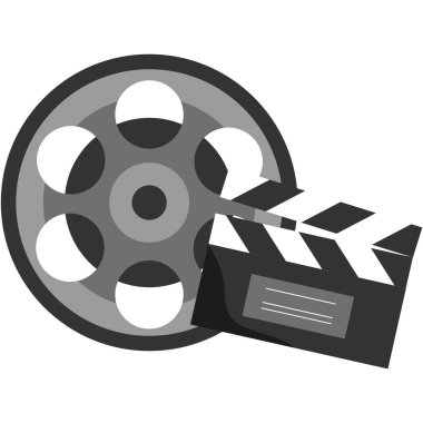 Film makarası ve alkış tahtası vektörü. Sinema alkışları ve film şeridi yuvarlama simgesi beyaz arkaplanda izole edildi