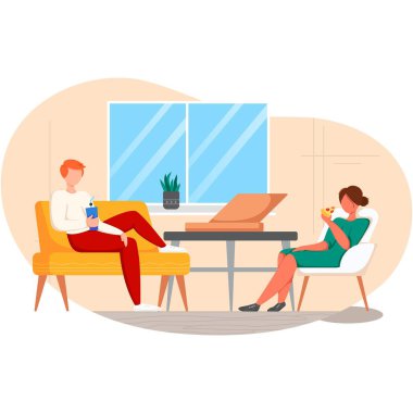 Evde pizza yiyen bir çift. Arkadaş ya da iş arkadaşı açık alanda fast food yiyip soda içerek eğleniyor. Arkadaşlık ve iletişim, iş molası kavramı