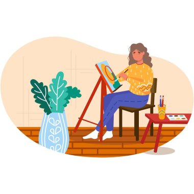 Sanat boyası terapi atölyesi vektörü. Sanatçı sınıfı ikonu. Yaratıcı yetişkin kadın tuvale fırça ve resimlerle resim çiziyor. Pozitif psikoloji kavramı