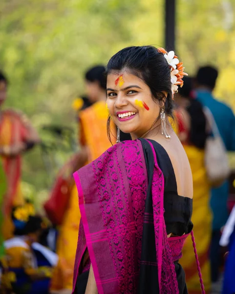 Indian Woman Colorful Face Looking Camera Holi Festival Colors —  Fotos de Stock