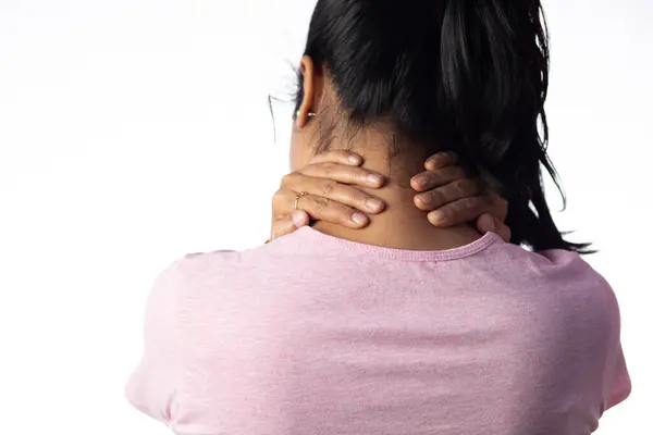 Indian Woman Holding Her Neck Pain Showing Painful Expression White — Stock Photo, Image