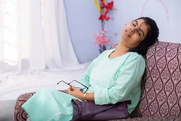 Indian Woman Resting Sofa Her Spectacles Hand Returning Work — Stock Photo, Image