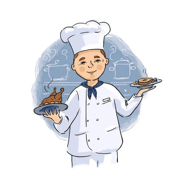 Hand drawn illustration the chef holds dishes in his hands. Vector.
